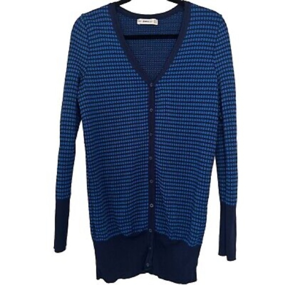 Zara Knit Womens Long Blue Cardigan Size Small Preppy Check V Neck Duster